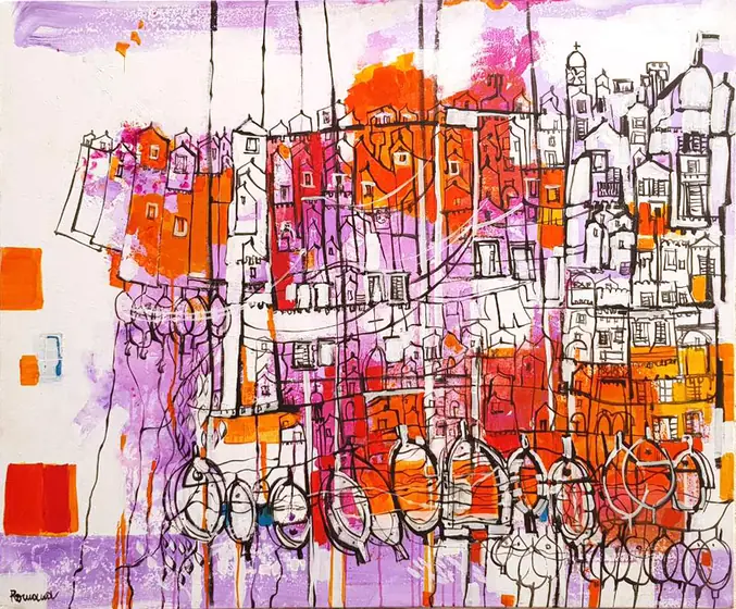 Violet and orange harbour with boats — painting by Romana Milutin Fabris