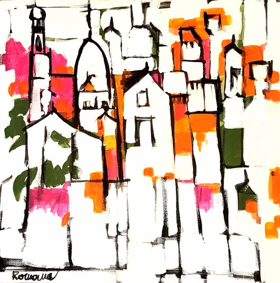 White town with green and orange, Dubrovnik — painting by Romana Milutin Fabris
