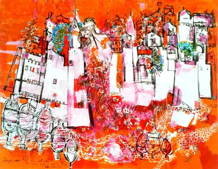 Woman among the orange rooftops of Dubrovnik — painting by Romana Milutin Fabris