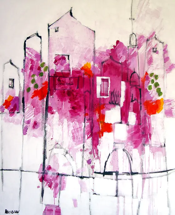 Magenta houses and bougainvillea — painting by Romana Milutin Fabris