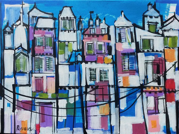 White houses with green shutters under blue sky — painting by Romana Milutin Fabris