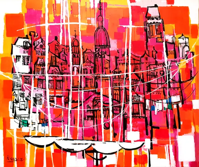 Pink and orange harbour, Dubrovnik — painting by Romana Milutin Fabris