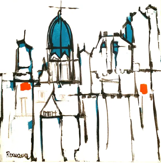 Turquoise domes over the old city — painting by Romana Milutin Fabris