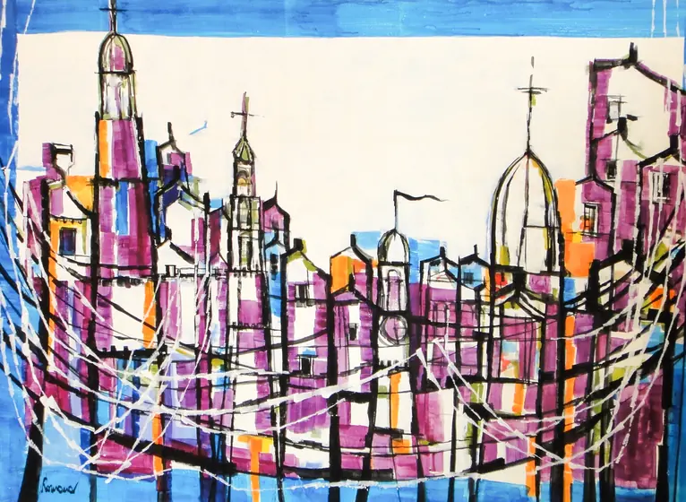 Magenta bell towers against blue — painting by Romana Milutin Fabris