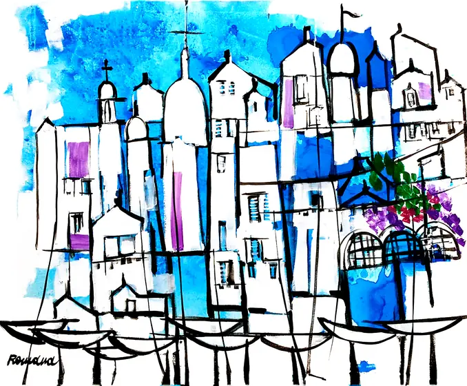 Blue harbour with white houses, Dubrovnik — painting by Romana Milutin Fabris