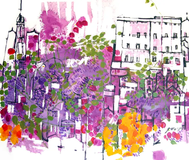 Violet blossom over Dubrovnik rooftops — painting by Romana Milutin Fabris