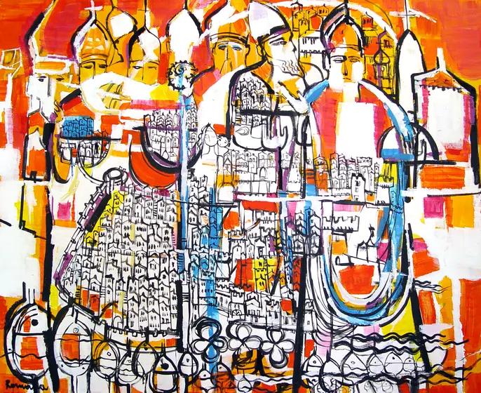 St Blaise above the old city of Dubrovnik — painting by Romana Milutin Fabris
