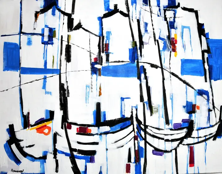 Blue and white boats in Dubrovnik harbour — painting by Romana Milutin Fabris