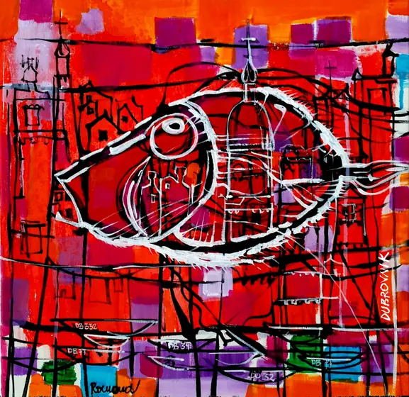 Red fish over the rooftops of Dubrovnik — painting by Romana Milutin Fabris