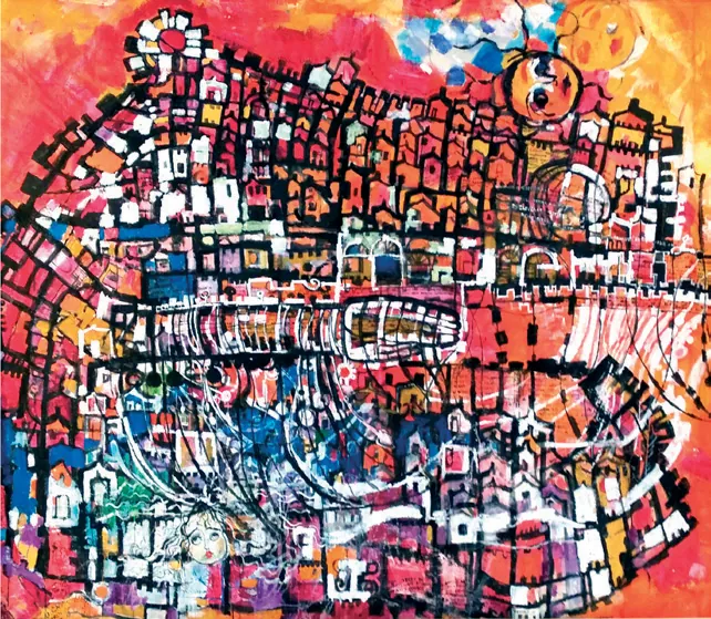 Dubrovnik in red and orange, graphic work — painting by Romana Milutin Fabris